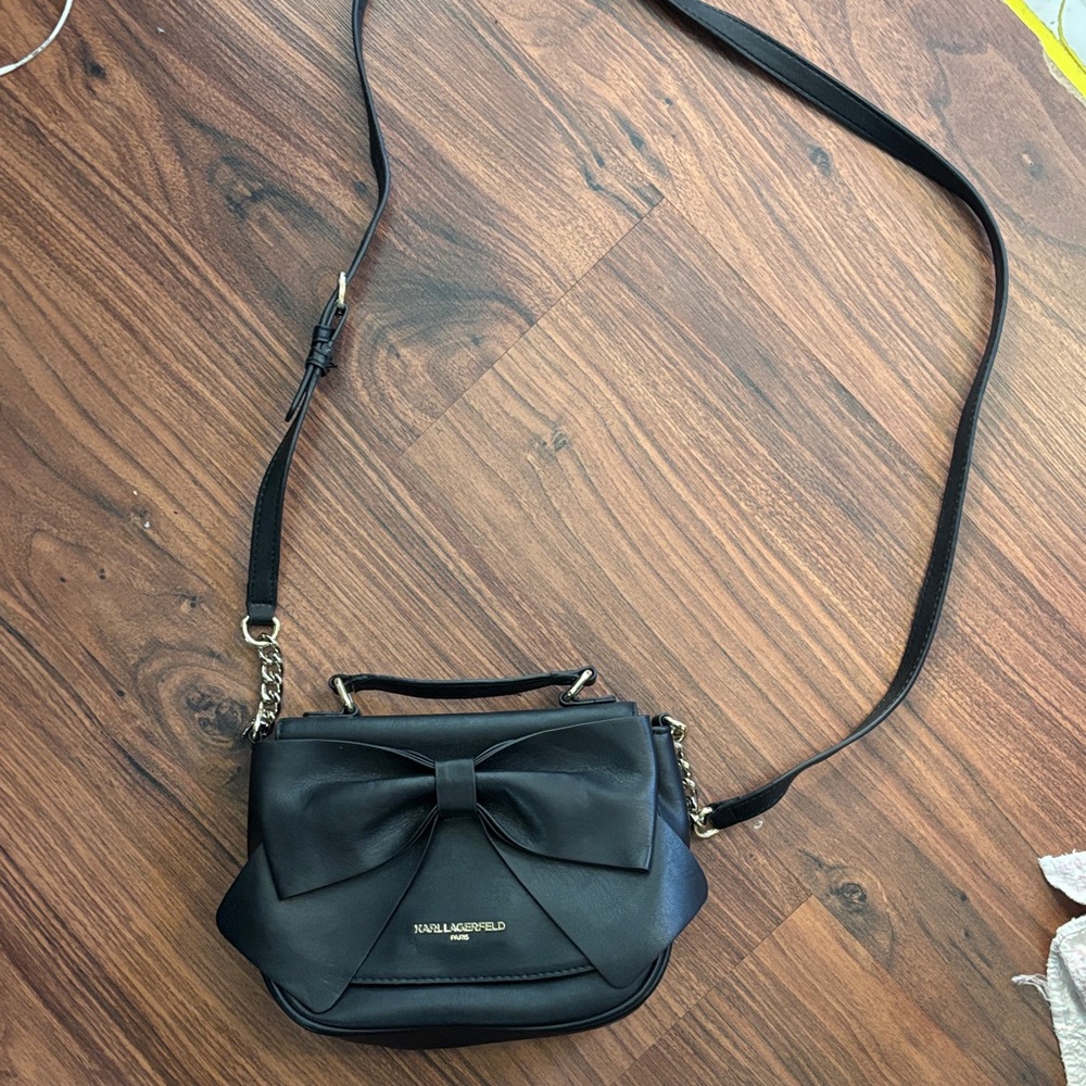 Karl Lagerfeld Black Crossbody Bag with Bow and Gold Hardware